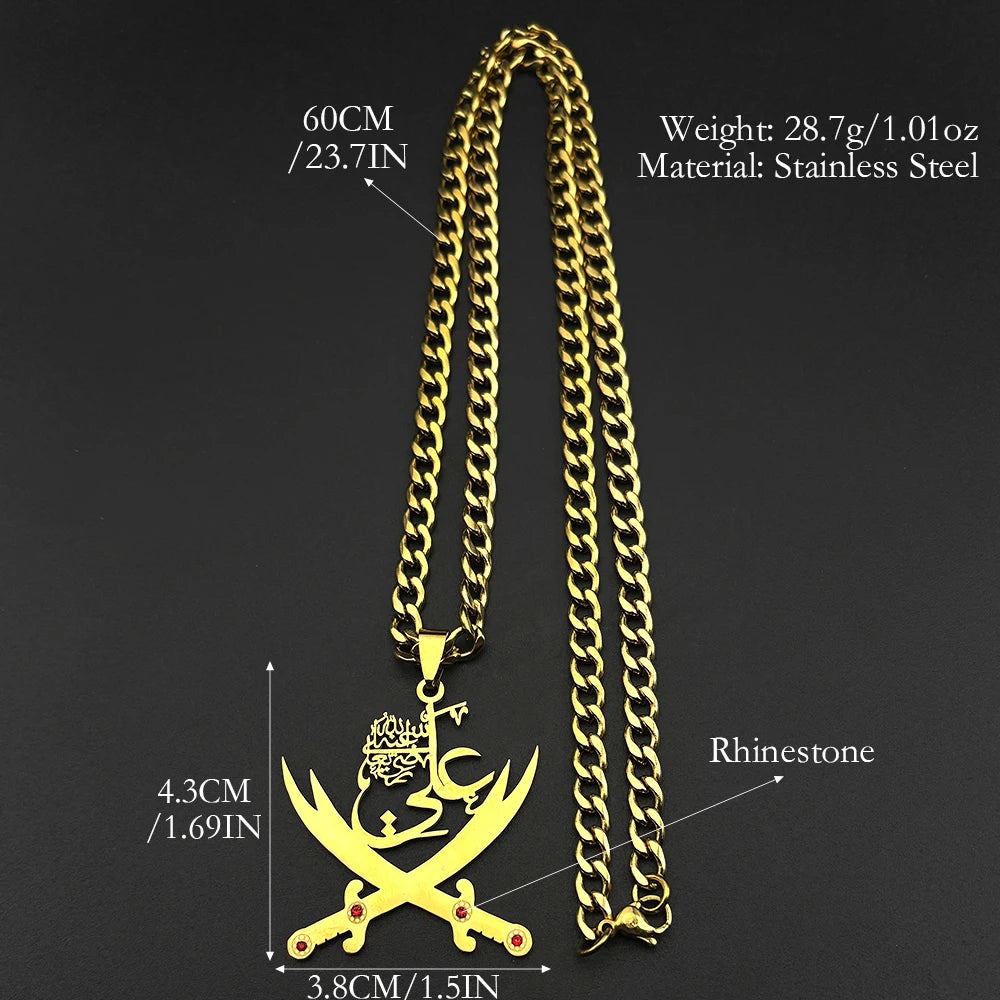 Men Women Stainless Steel Arabic Rhinestones Imam Ali Sword Muslim Islam Chain Pendant Necklace