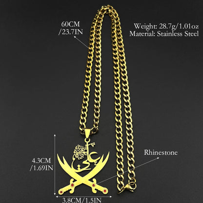Men Women Stainless Steel Arabic Rhinestones Imam Ali Sword Muslim Islam Chain Pendant Necklace