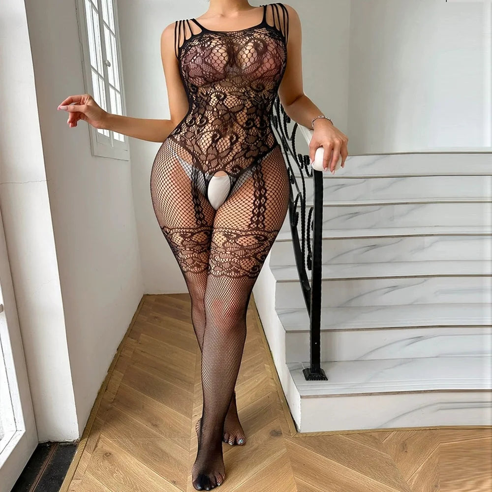 Side Cutout Sexy Fishnet Open Crotch Bodystocking See Through Nightwear Lingerie Bodysuit