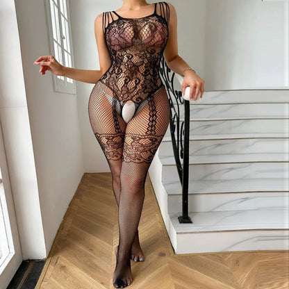 Side Cutout Sexy Fishnet Open Crotch Bodystocking See Through Nightwear Lingerie Bodysuit