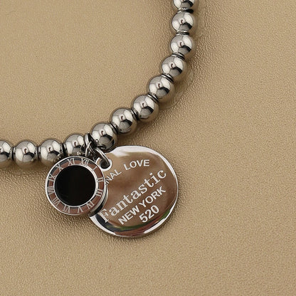 Women Fashion Cutout Medallion Pendant Elastic Rope Stainless Steel Bead Chain Bracelet