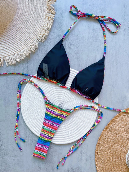 Sexy Printed Letters Colorful Mini Thong Bikini Swimwear Two-pieces Bikini Bathing Suit