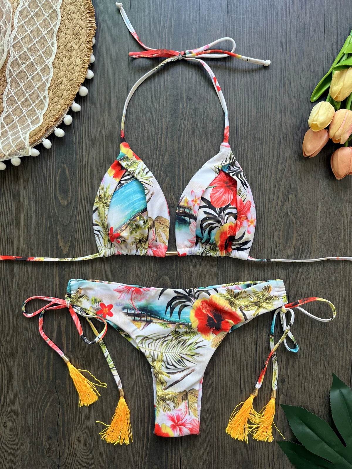 Women's Swimsuit Two-piece Triangle Halter Botany Print Bikini Swimwear Bathing Brazilian Suit