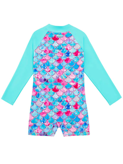 Girls Kids One-Piece Long Sleeve Sport 3D Scale Print Beach Boyleg Shorts Swimming Bathing Swimsuit Suit