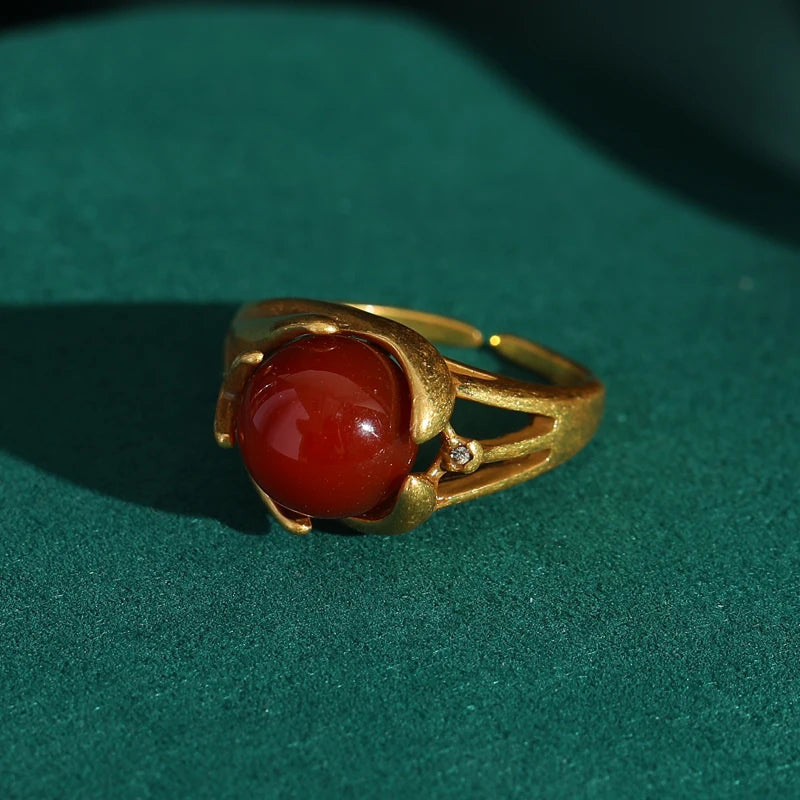 Women Red Oval Round Natural Stone Vintage Open Engagement Rings