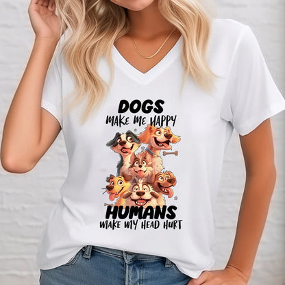 Dogs Make Me Happy Print Women Tee Tops T-Shirt