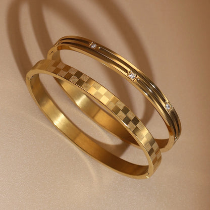 Luxury Polished Checkered Design Stainless Steel Crystal Wedding Party Bangle Bracelet