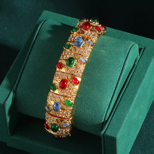 Vintage Wide Elastic Natural Stone Inlaid Blue Green Color Antique Bracelets Bangle