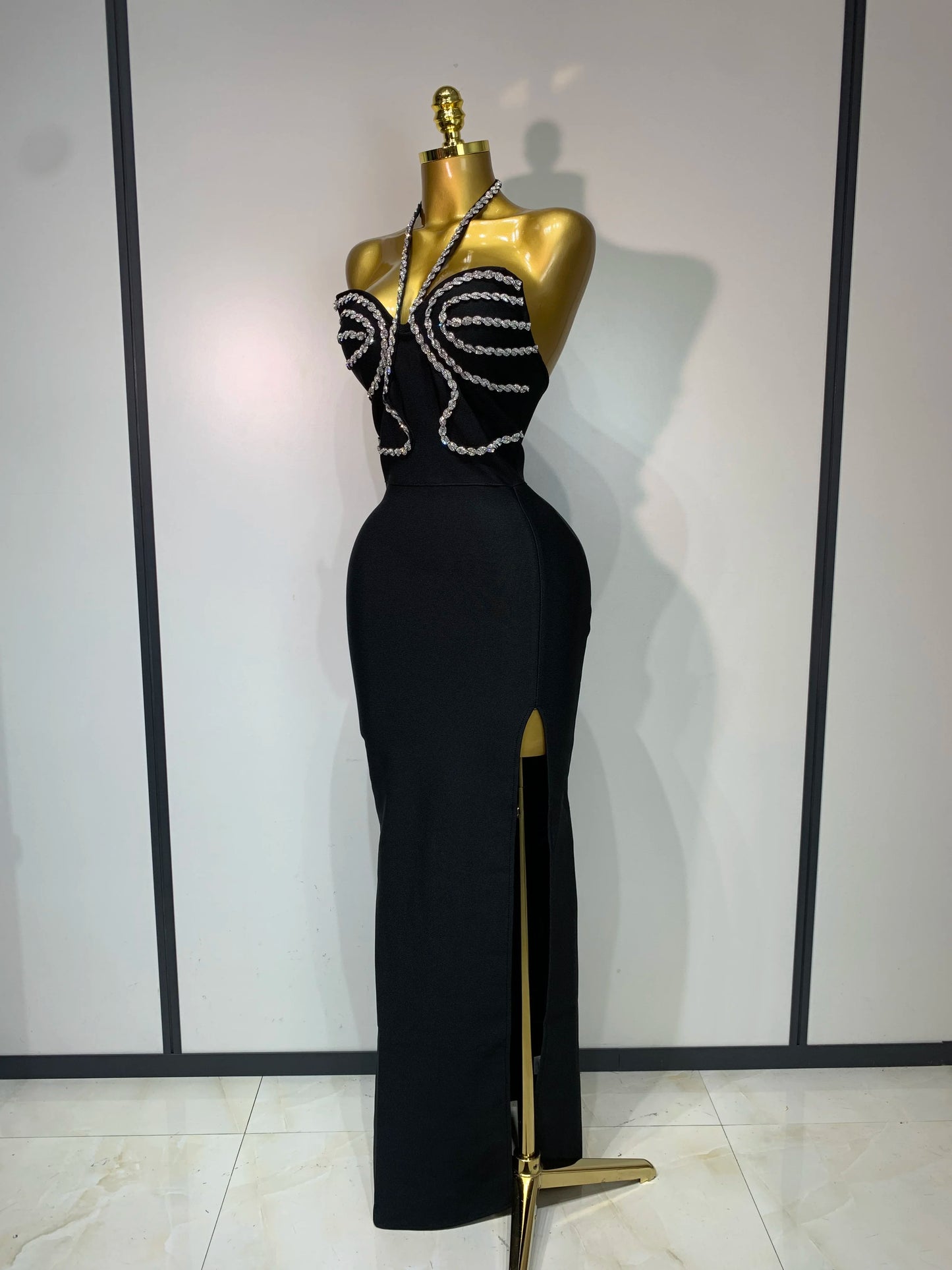 Sexy Halter Long Bandage Shiny Crystal Backless Evening Party Birthday Dress