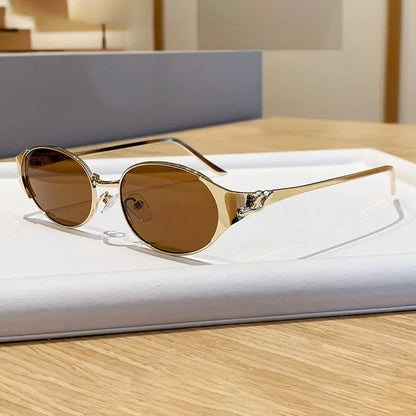 Women Metal Frame Oval Shades Fashion Designer Sunglasses Glasses
