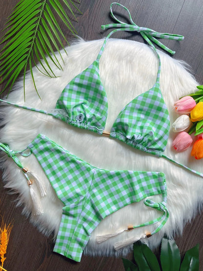 Sexy Lattice Print Bandage Bikini Swimsuit Two-piece Triangle Swimwear Bathing Brazilian Suit