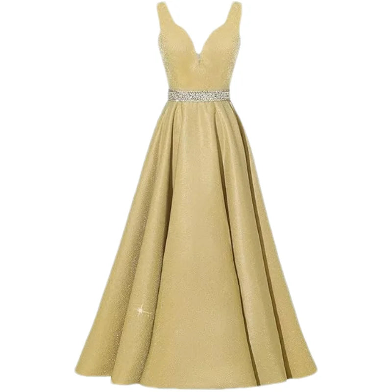 Women Glitter Satin Prom Long Corset V-Neck Beaded Belt Formal Evening Party Dress w/ Pockets