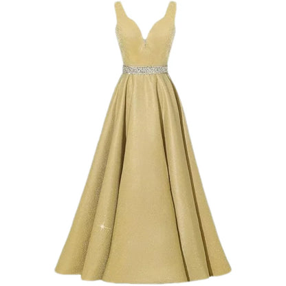Women Glitter Satin Prom Long Corset V-Neck Beaded Belt Formal Evening Party Dress w/ Pockets