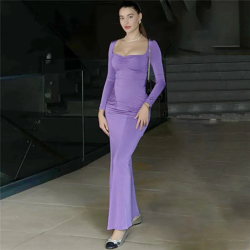 Women Square Collar Long Sleeve Long Gown Fashion Elegant Solid Bodycon Maxi Dress