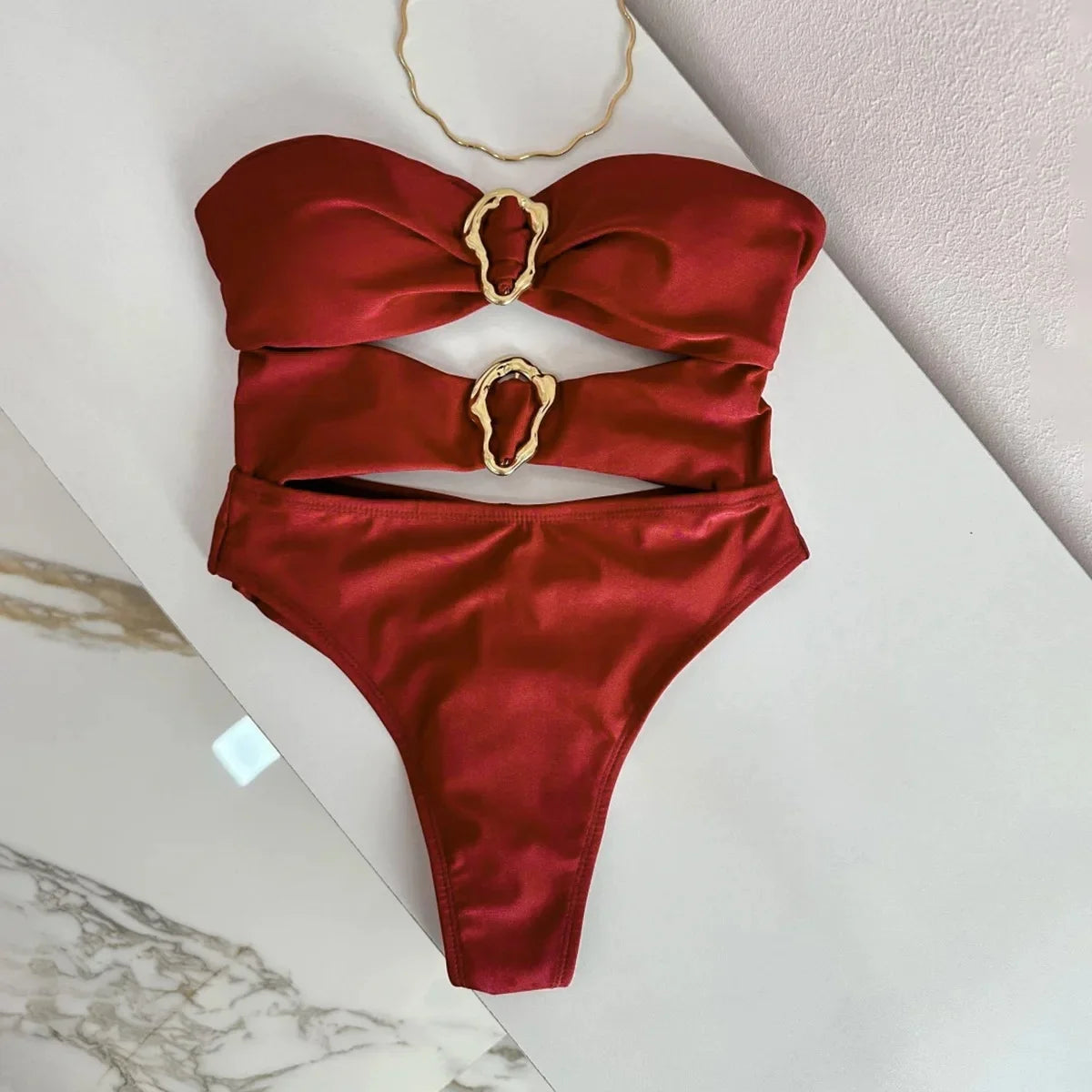 One-Piece Women Removable Shoulder Strap Ring Linked Bikini Monokini Backless Hollow Out Beach Swimsuit