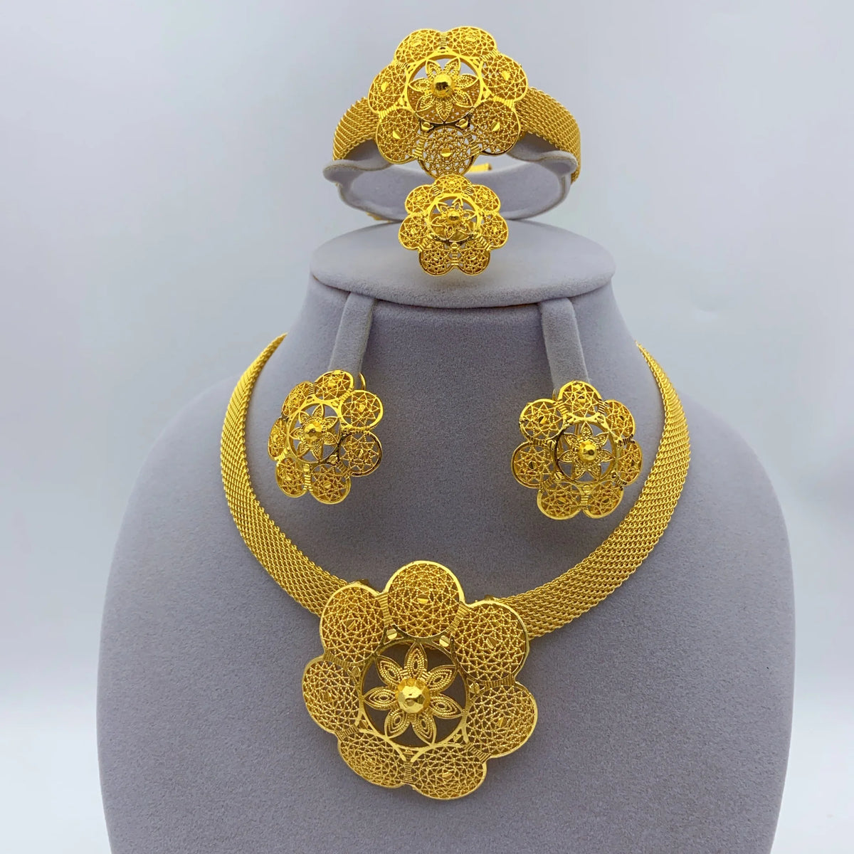 Dubai Women Wedding Gold Plated African Indian Round Necklace Earrings Jewelry Sets