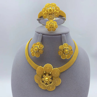 Dubai Women Wedding Gold Plated African Indian Round Necklace Earrings Jewelry Sets