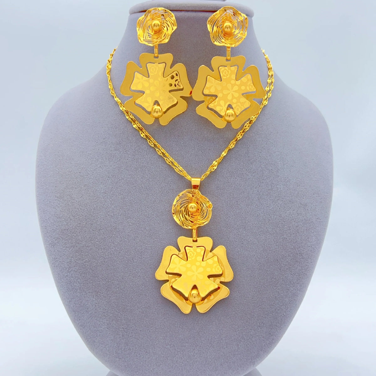 Women Bridal Ethiopian Indian 24k Gold Plated Dubai African Necklace and Earrings Sets