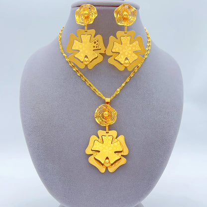Women Bridal Ethiopian Indian 24k Gold Plated Dubai African Necklace and Earrings Sets