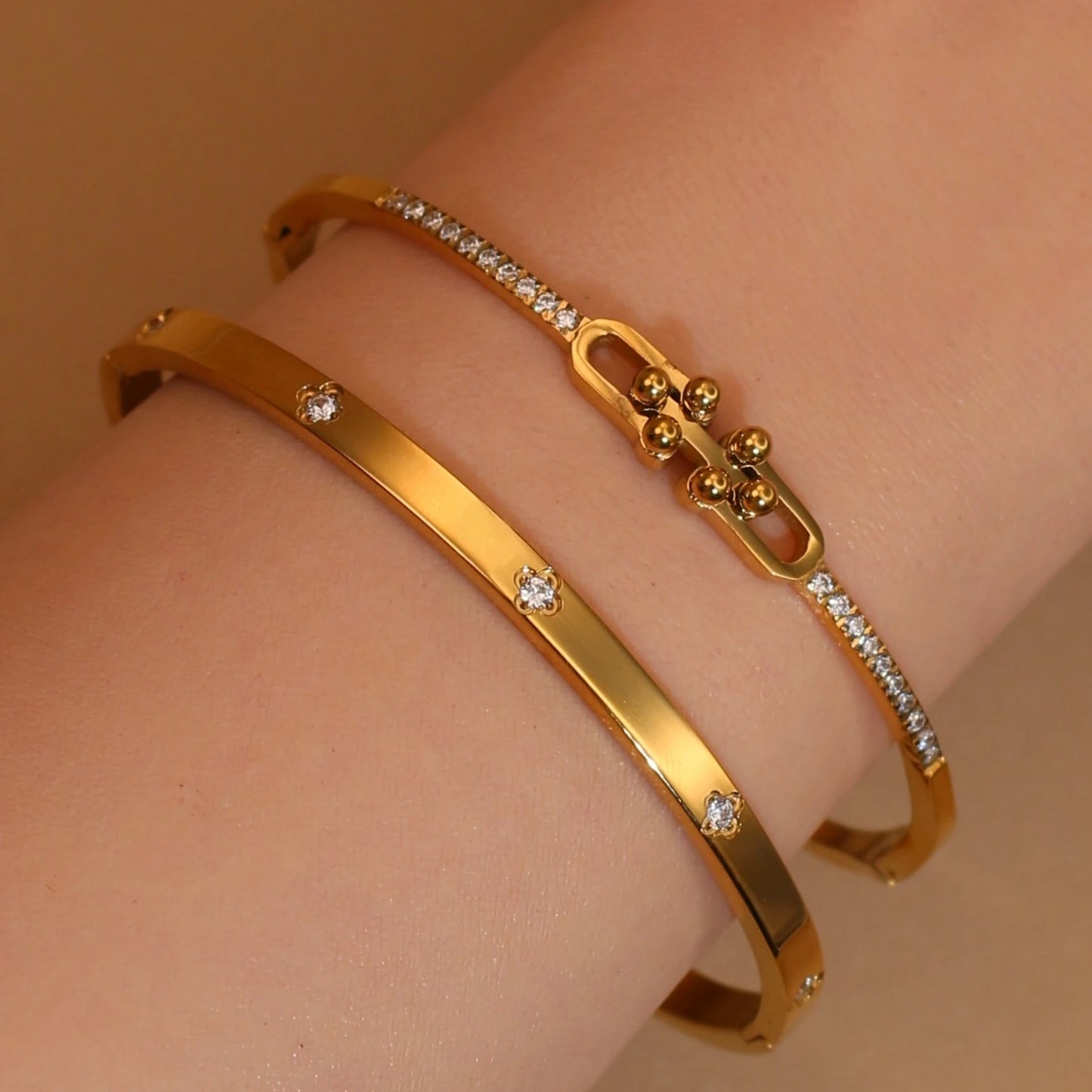 Geometric Crystal Design 18K Gold Plated Stainless Steel Bangle Bracelet Women's Jewelry Gift