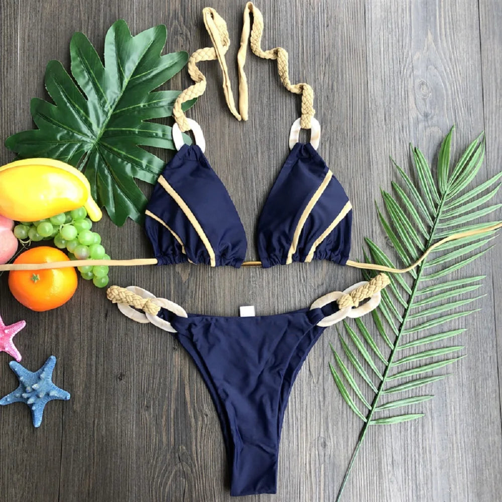 women Halter micro bikini ring Weave triangle swimsuit Brazilian bathing two pieces suit