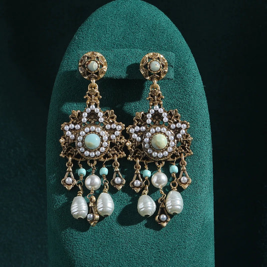 Vintage Antique Gold Color Palace Lock Tassel Large Pearl Earrings for Women Drop Designer Earrings