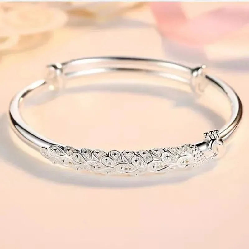 925 Sterling Silver Charms Open Women Fashion Adjustment Cuff Wedding Bangles Bracelet