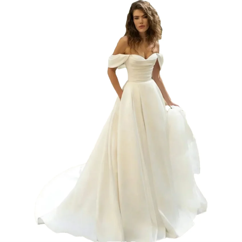 Romantic Off The Shoulder Simple Satin Wedding Pleat Sweep Train A Line Bridal Lace-up Dress Gown