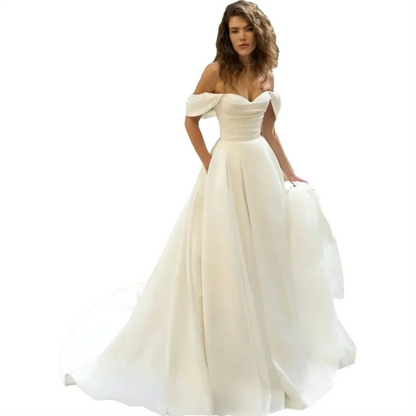Romantic Off The Shoulder Simple Satin Wedding Pleat Sweep Train A Line Bridal Lace-up Dress Gown