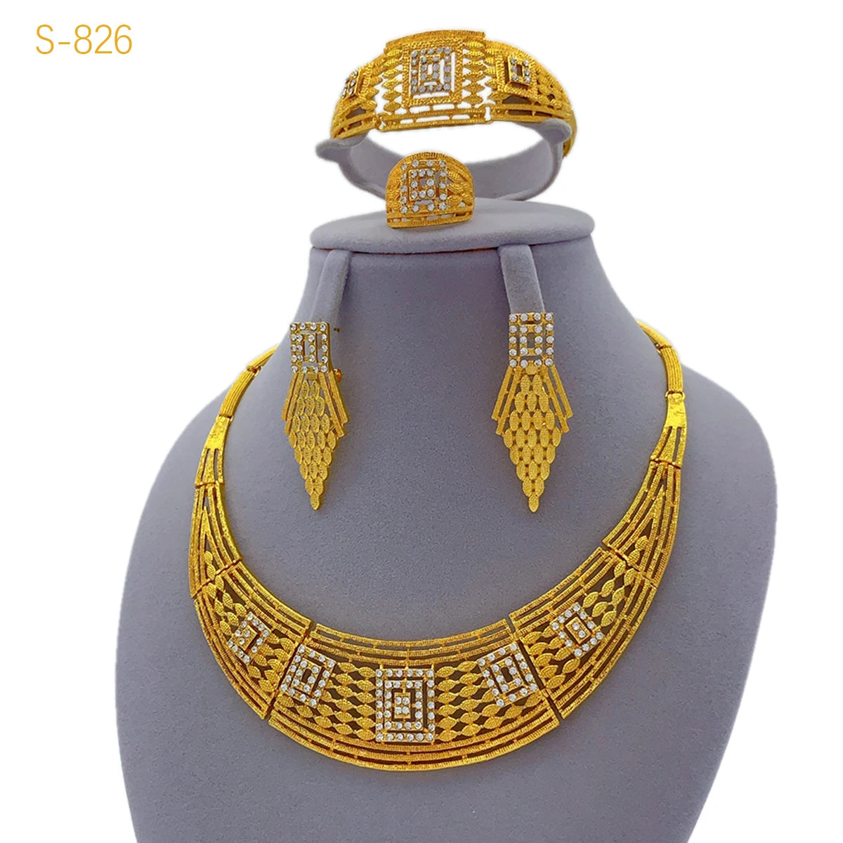 Women Wedding Dubai African Indian Flower Gold Plated Necklace Jewelry Sets