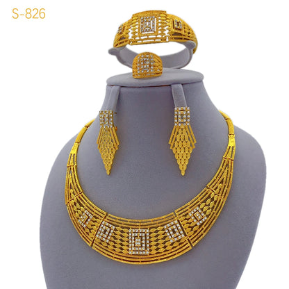Women Wedding Dubai African Indian Flower Gold Plated Necklace Jewelry Sets