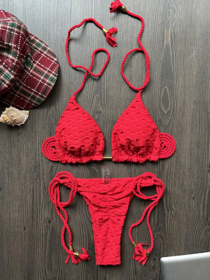 Women's two-piece set w/ push up hanging neck solid color bikini beach swimsuit