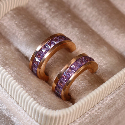 2-In-1 Women Rose Gold-Plated Stainless Steel Crystal Earrings Ring Jewelry Set