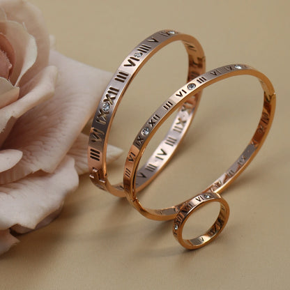 Stainless Steel 18K gold plated Roman Numeral Bracelet Bangles Ring 2-in-1 Jewelry
