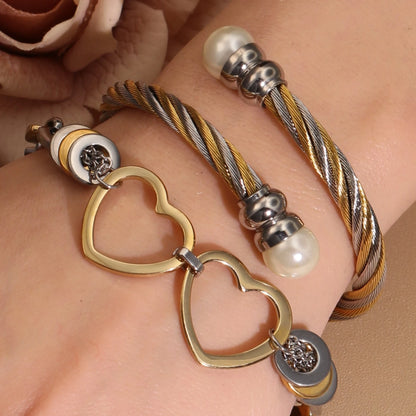 Women Fashionable Double Heart Stainless Steel Pearl Adjustable Bracelet Bangle
