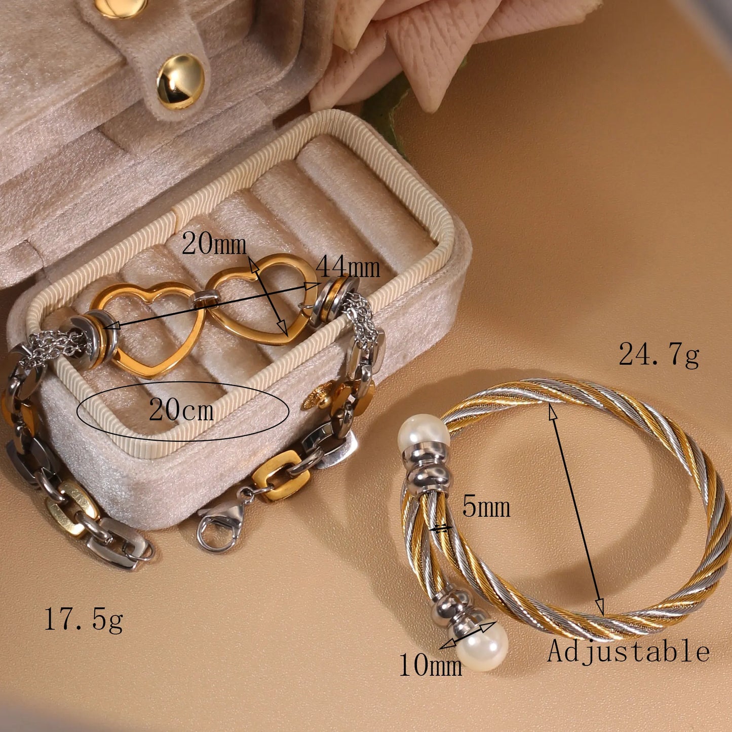 Women Fashionable Double Heart Stainless Steel Pearl Adjustable Bracelet Bangle