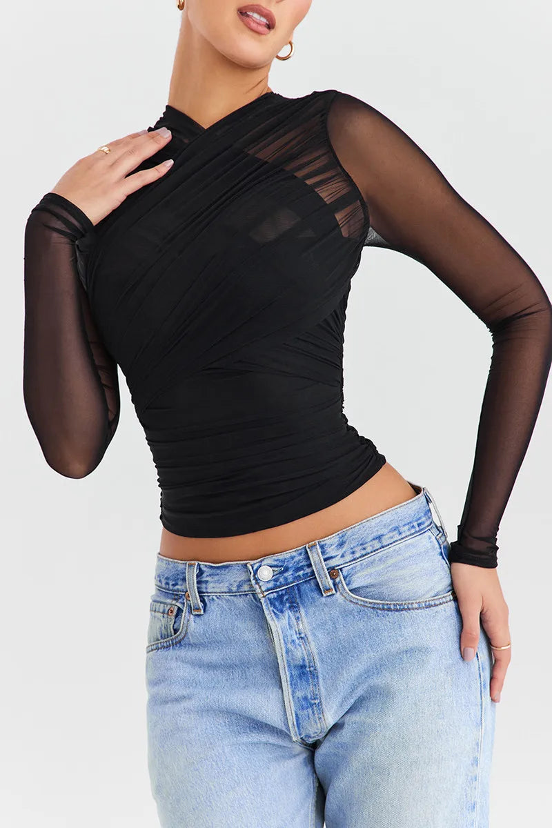 Women Sheer Mesh Long Sleeve V Neck Zipper Layered Skinny Club Party Sexy Tops Shirt