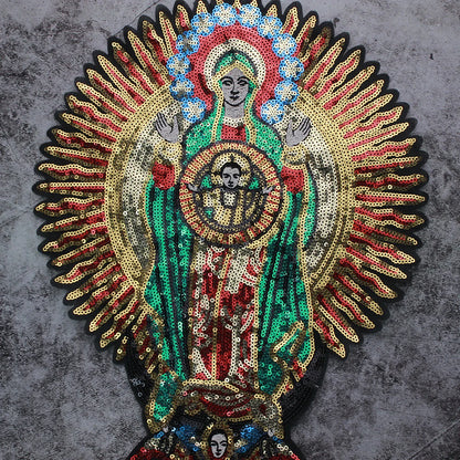 Large Sequins cross rose Blessed Virgin Mary Goddess Embroidery Patches for Clothes DIY sew Stripes Applique