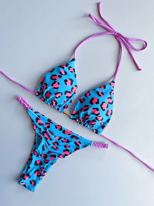 Sexy Swimsuit Braided Rope Micro Bikini Swimsuit Leopard Print Brazilian Beach Bathing Suit