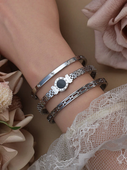 Stainless Steel Zircon Roman Numeral Chain Design Women Bracelet Bangle
