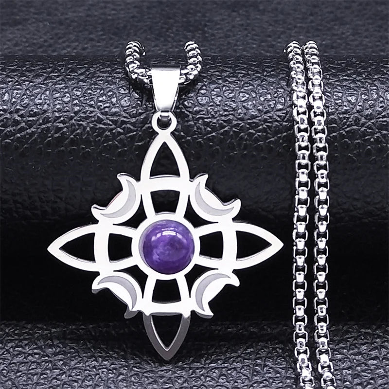 Stainless Steel Natural Stone Witch Amulet Wicca Celtic Knot Triple Moon Goddess Necklace