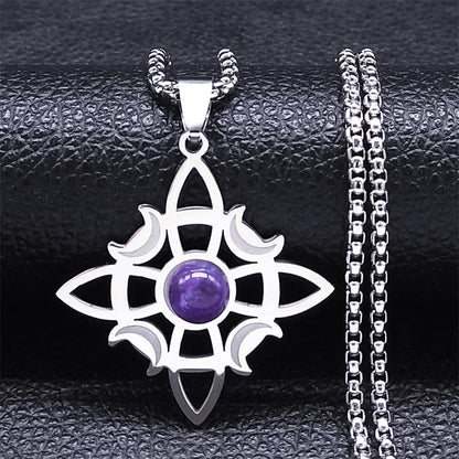 Stainless Steel Natural Stone Witch Amulet Wicca Celtic Knot Triple Moon Goddess Necklace