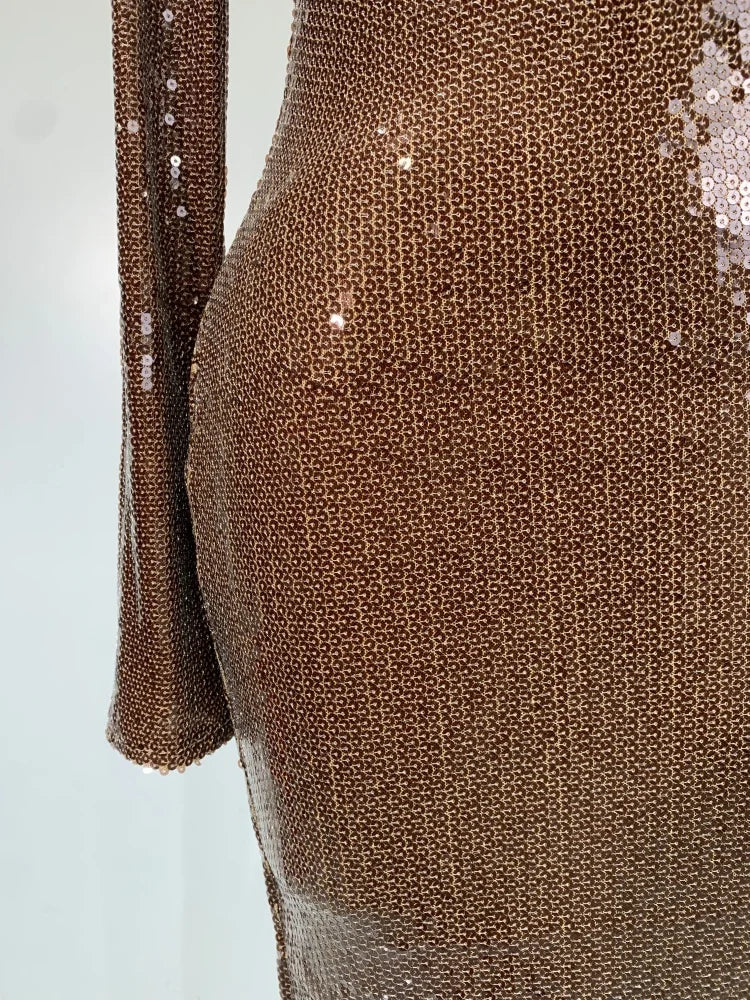Women Sparkly Sequins Deep V Long Sleeves Midi Celebrity Birthday Party Prom Dress