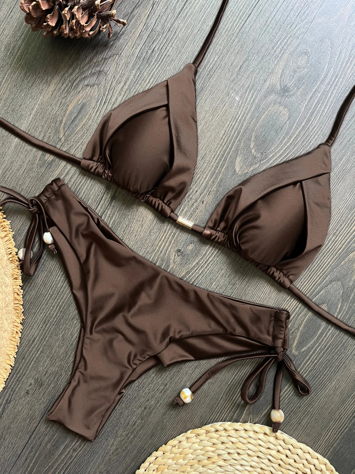 Solid Sexy Halter Triangle Bead String Bikini Mini Micro Thong Swimsuit Brazilian Set