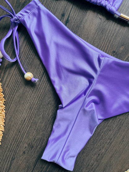Solid Sexy Halter Triangle Bead String Bikini Mini Micro Thong Swimsuit Brazilian Set