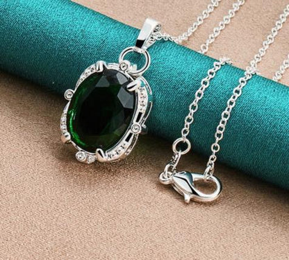 925 Sterling Silver Green Zircon 16-30Inches Chain Woman Fashion Wedding Party Charm Pendant Necklace