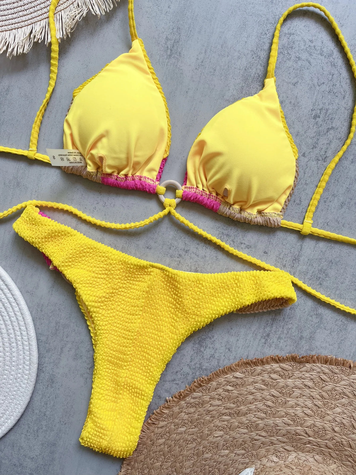 Sexy Push Up Neon Green Tassel Drawstring Side Thong Swimsuit Swimwear Bathing Suit