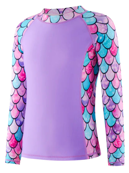 2pcs Kids Girls Long-Sleeved Scale Print Tops Boyleg Swim Shorts Swimwear Suit