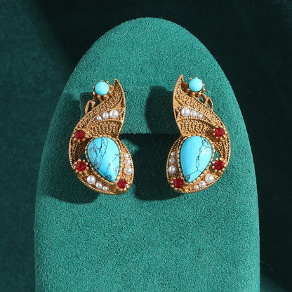 Antique Luxury Water Drop Natural Stone Goldfish Blue  Long Charm Vintage Stud Earrings