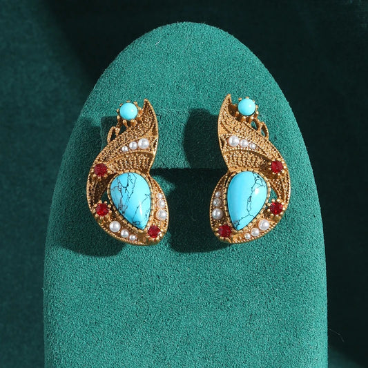 Antique Luxury Water Drop Natural Stone Goldfish Blue  Long Charm Vintage Stud Earrings